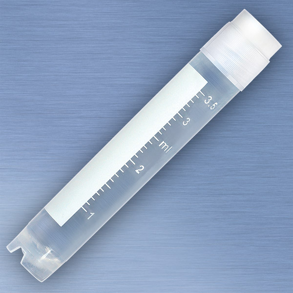 Globe Scientific CryoCLEAR vials, 4.0mL, STERILE, External Threads, Attached Screwcap with Co-Molded Thermoplastic Elastomer (TPE) Sealing Layer, Round Bottom, Self-Standing, Printed Graduations, Writing Space and Barcode, 50/Bag cryogenic vials; cryogenic tubes; storage tubes; sterile tubes; cryogenic